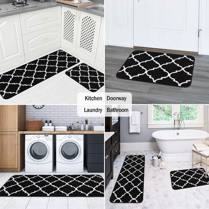 Carvapet 2 Pieces Microfiber Moroccan Trellis Non-Slip Soft Kitchen Mat Bath Rug Doormat Runner Carpet Set, 20"x63"+20"x31", Black - Image 3